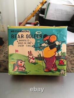 Vintage Tps Mechanical Bear Golfer Wind Up Toy In Box