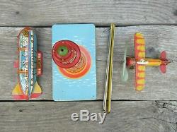 Vintage Unique Art Sky Rangers Lithograph Tin Wind Up Toy with Box Zeppelin Works