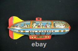Vintage Unique Art Sky Rangers Tin Wind Up Toy Plane & Zeppelin Good Condition