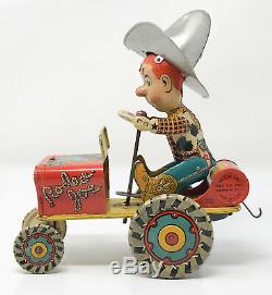 Vintage Unique Art Tin Litho Wind UP Rodeo Joe Crazy Car Works SCP