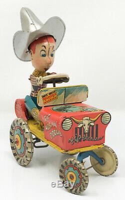 Vintage Unique Art Tin Litho Wind UP Rodeo Joe Crazy Car Works SCP