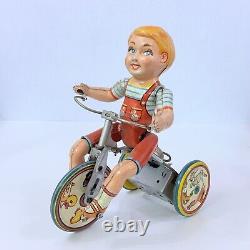 Vintage Unique Art Tin Wind-up Toy Kiddy Cyclist Boy on Tricycle UPDATE