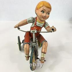Vintage Unique Art Tin Wind-up Toy Kiddy Cyclist Boy on Tricycle UPDATE
