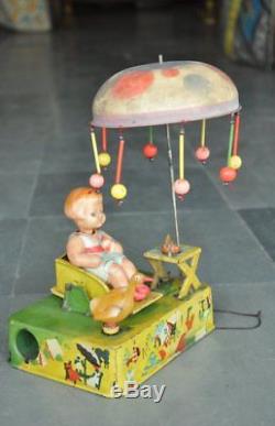 Vintage Wind Up ALPS Mark Litho Tin & Celluloid Girl With Duck & Ball Toy, Japan