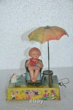 Vintage Wind Up C. K Trademark Girl & Duck Litho Tin Toy, Japan