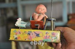 Vintage Wind Up C. K Trademark Girl & Duck Litho Tin Toy, Japan