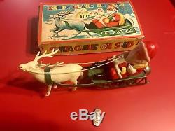 Vintage Wind Up Celluloid Santa On Metal Sled Occupied Japan Original Box & Key