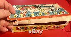 Vintage Wind Up Celluloid Santa On Metal Sled Occupied Japan Original Box & Key