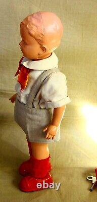 Vintage Wind Up Celluloid Tin Walking Doll 13.5 Masudaya Modern Toys Japan