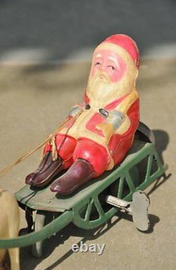 Vintage Wind Up Colorful Santa On Sleigh Tin & Celluloid Toy, Japan