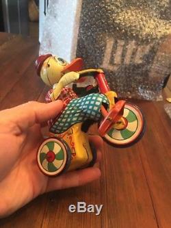 Vintage Wind Up Duck Riding Tricycle Mechanical Toy Japan