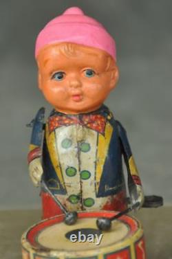 Vintage Wind Up Litho Boy/Musician Playing Drum Tin Toy, Japan