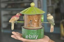 Vintage Wind Up Litho & Celluloid Birds Feeding Babies Musical Tin Toy, Japan