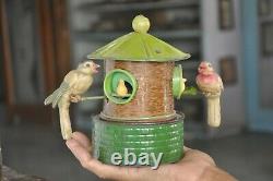 Vintage Wind Up Litho & Celluloid Birds Feeding Babies Musical Tin Toy, Japan