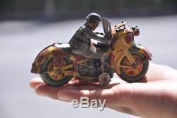 Vintage Wind Up Litho Fire Sparkle Army Police Tin Motorcycle Toy, Japan