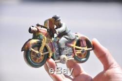 Vintage Wind Up Litho Fire Sparkle Army Police Tin Motorcycle Toy, Japan