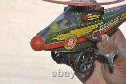 Vintage Wind Up Litho RESCUE No. 8 Litho Helicopter Tin Toy, Japan