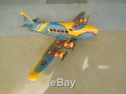 Vintage Wind Up MT Trademark Litho Airplane Tin Toy, Japan