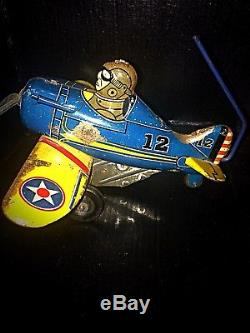 Vintage Wind Up Marx Red Rollover 1940s Toy Plane Made In USA