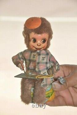 Vintage Wind Up Painting Monkey Textured Cloth Litho Tin Toy, Japan