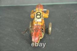 Vintage Wind Up Racer No. 8 Acrobet Litho Motorcycle Tin Toy, Japan