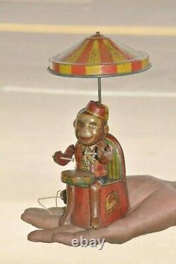 Vintage Wind Up SAN Trademark Monkey Playing Drum Litho Tin Toy, Japan