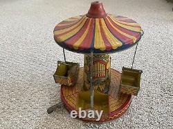 Vintage Wind Up Tin Litho Merry Go Round Toy Working