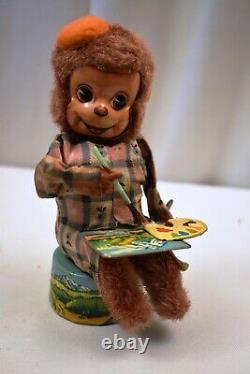 Vintage Wind Up Toy Monkey Painter Artist Mechanical Made In Japan Rembrandt