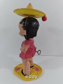 Vintage Wind Up Windup Celluloid Dancer Wobbler Walker Toy Girl In Sombraro Htf