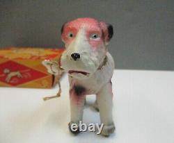 Vintage Wind-up Celluloid AIREDALE TERRIER Dog with Box Fox Terrier