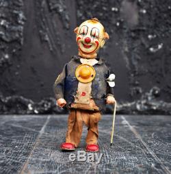 Vintage Wind up Childs Toy Clown with Amazing Patina and Decorative Style