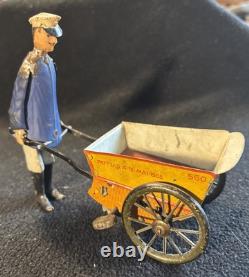 Vintage Windup Tin Litho Lehmann Tap Tap Man Pushing Cart or Porter Toy 1930s
