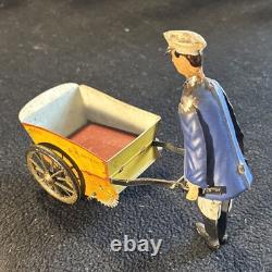 Vintage Windup Tin Litho Lehmann Tap Tap Man Pushing Cart or Porter Toy 1930s