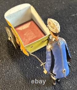 Vintage Windup Tin Litho Lehmann Tap Tap Man Pushing Cart or Porter Toy 1930s