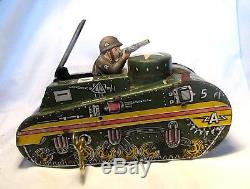 Vintage Working Marx Tin Litho Windup US Army Doughboy Tank 1950s Toy With Key