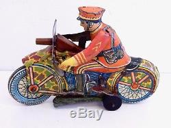 Vintage Working Tin Litho Marx Sparkling Wind Up Motorcycle Cop Soldier