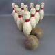 Vintage Yard Bowling Set with 10 Pins 7.5 Height 2 Wooden Balls Estate Find