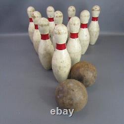 Vintage Yard Bowling Set with 10 Pins 7.5 Height 2 Wooden Balls Estate Find