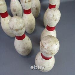 Vintage Yard Bowling Set with 10 Pins 7.5 Height 2 Wooden Balls Estate Find