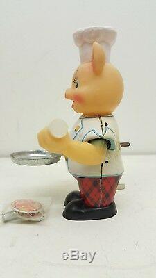 Vintage Yonezawa Mechanical Piggy Cook Tin Windup Toy with Original Box Works