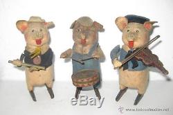 Vintage german schuco 1935 three little pigs orchestra, wind up keywind tin toy