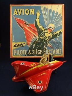 Vintage tin toy aircraft aeroplane wind-up supersonic pilot ejected Joustra 1952