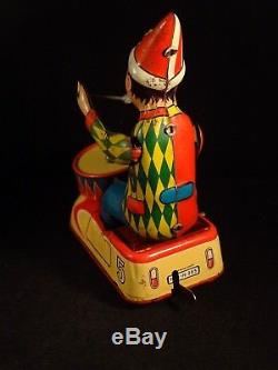 Vintage tin toy wind-up clown circus bump car drum HWN Nuremberg W. Germany 1950s