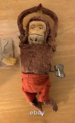 Vintage very rare Monkey Climbing High Wire Rope Wind Up Toys Smoking Pipe WORK