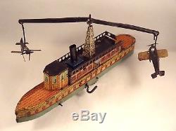 Vintage wind up VERY RARE tin toy boat spanish airplane carrier 1920s PAYA