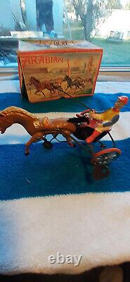 Vintage wind up tin and cast iron DRA arabian horse and jockey made in west germ