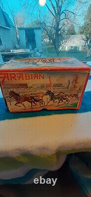 Vintage wind up tin and cast iron DRA arabian horse and jockey made in west germ