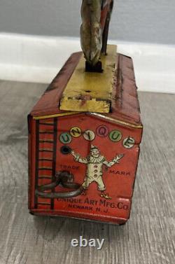 Vntg Rare Unique Art Mfg Co Hobo Train Wind Up Tin Toy Works! Hobo & Dog