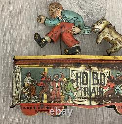 Vntg Rare Unique Art Mfg Co Hobo Train Wind Up Tin Toy Works! Hobo & Dog