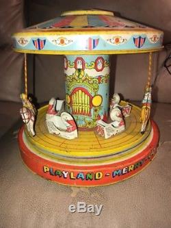 Vtg. 1950s Chein Playland Merry-Go-Round Carousel #385 Tin Litho Wind Up Toy